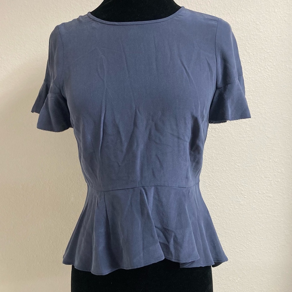 Joie Women's Sueded Silk Blue Short Sleeve Peplum Blouse with Sleeve Detail